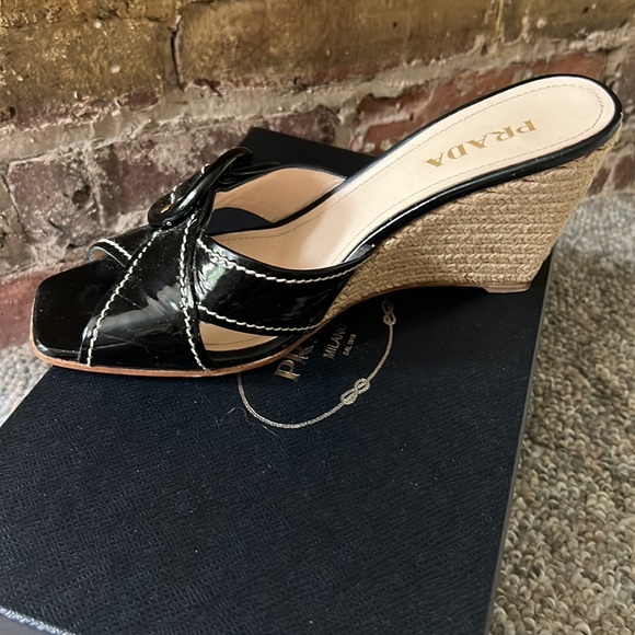 Prada Calzature Donna Black Patent Leather slide on espadrille Wedges - Picture 5 of 10